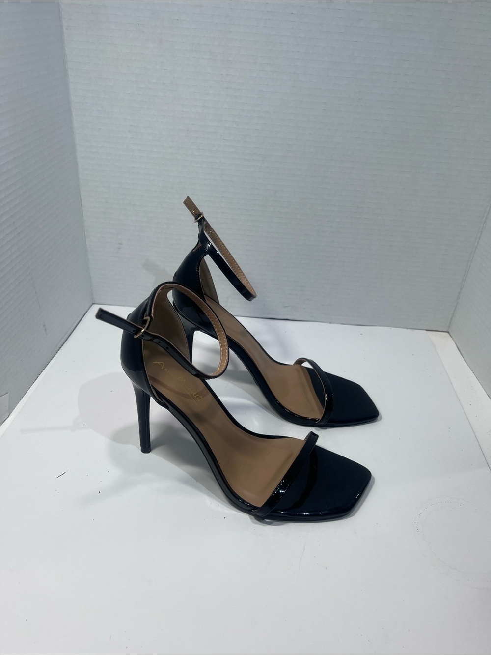 Anne Michelle Black Patent Open-Toe Ankle-Strap Stiletto Heels